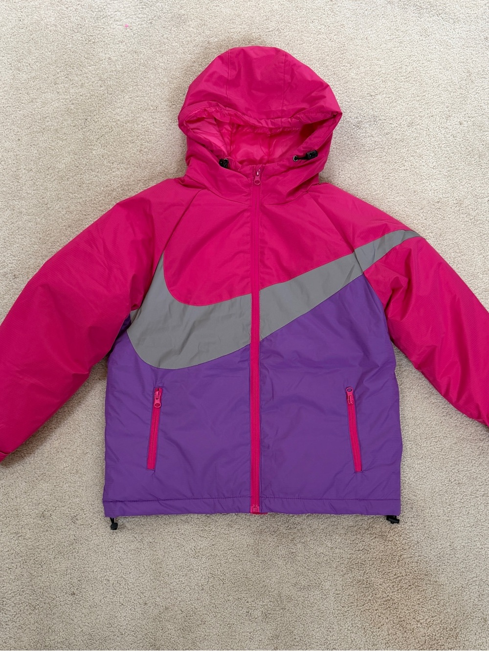 Nike Kids Hot Pink & Purple Hooded Puffer Jacket with Gray Swoosh Size 150
